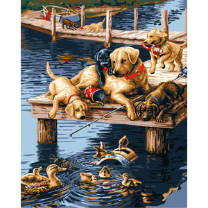 Dogs Playing with Ducks - Paint by Numbers