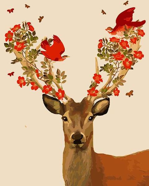 Birds & Flowers on Deer Antlers Paint by Numbers