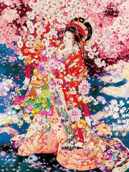 Flowers Rain on Japanese Girl Paint by Diamonds