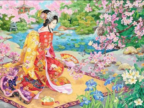 Japanese Lady in Garden Paint by Diamonds