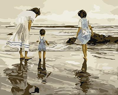 Mother & Kids on Beach Paint by Numbers