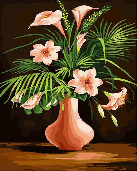 Pink Lilies & Green Leaves Paint by Numbers