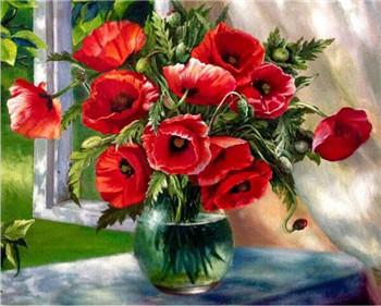 Poppies in Glass Vase Paint by Numbers