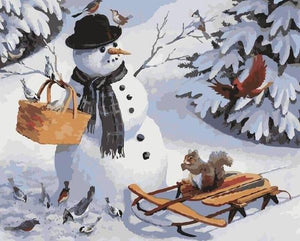 Snow Man, Birds & Squirrel Paint by Numbers