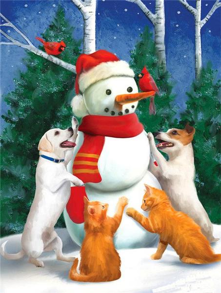 Snowman with Cats & Puppies Paint by Diamonds