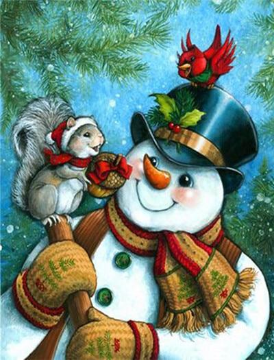 Snowman with Squirrel & Bird Paint by Diamonds