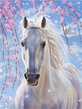 Load image into Gallery viewer, White Horse &amp; Pink Flowers Paint by Diamonds
