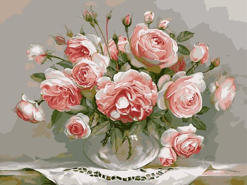 Pink Roses in Glass Vase DIY Painting - Paint by Numbers