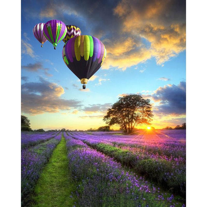 Sunset, Beautiful Balloons over Purple Fields - Paint by Numbers