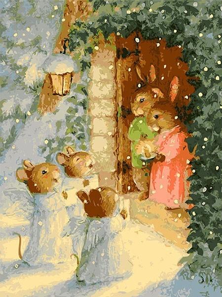 Cute Rabbits in the Snow Cartoon Painting - Paint by Numbers