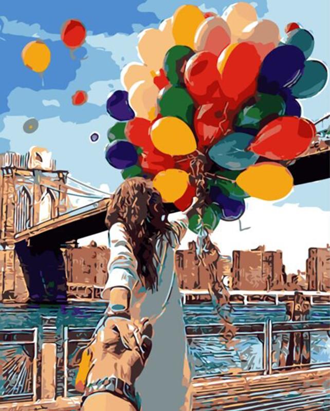 Traveler with Balloons at Brooklyn Bridge New York