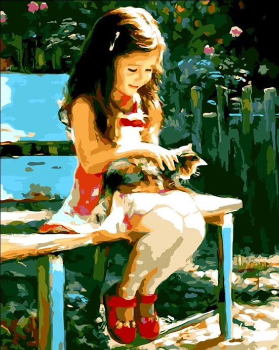 Cute Girl with a Kitten Painting - Paint it Yourself and hang in Your House