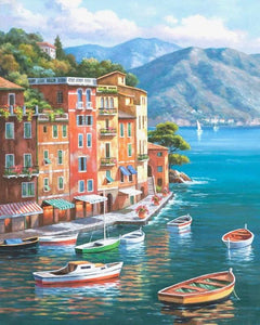 Boats, Town and Mountains Painting by Numbers kit for Adults