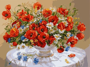 Red Blue and White Flowers - Paint by Numbers