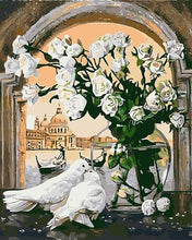 Load image into Gallery viewer, White Flower And Pigeons Drawing and Painting by Numbers