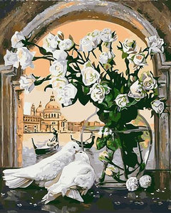 White Flower And Pigeons Drawing and Painting by Numbers