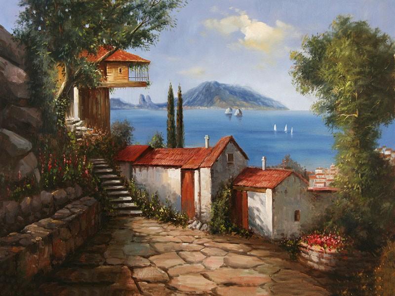 Beautiful Painting of Houses and the Ocean - Do it Yourself