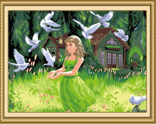 Lovely Girl with Beautiful Pigeons in the Green Fields