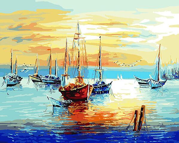 Boats in the sea and The Sunset - Paint by Numbers for Adults