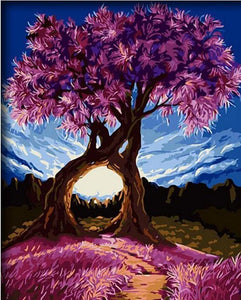 Blue Sky and Purple Tree and Grass Colorful Painting by Number Kit DIY