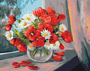 Red and White Flowers DIY Painting with Paint by Numbers