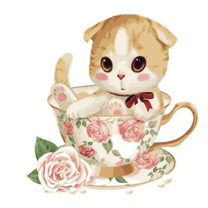 Cute Kitten in the Floral Cup Painting - Paint by Numbers Cartoons