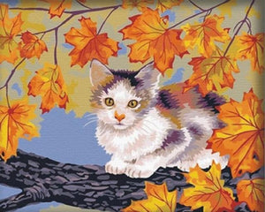 Cat sitting on Branch in Autumn - Painting by Numbers