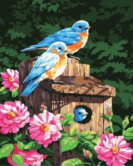 Blue and Yellow Birds family with Pink Flowers - Awesome Colors