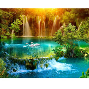 Waterfall, 5D, diamond painting, lake, swan, cross stitch, 3d picture, picture, full, diamond embroidery, mosaic, handicrafts