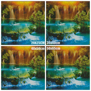 Waterfall, 5D, diamond painting, lake, swan, cross stitch, 3d picture, picture, full, diamond embroidery, mosaic, handicrafts