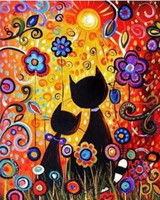Colorful Flowers and Cats Painting - Paint it Yourself