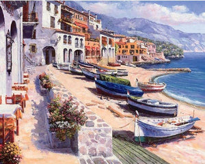Town on the Beach and Boats Paint by Number Kit for Adults