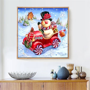 Snowman on Christmas Car - Paint by Diamonds