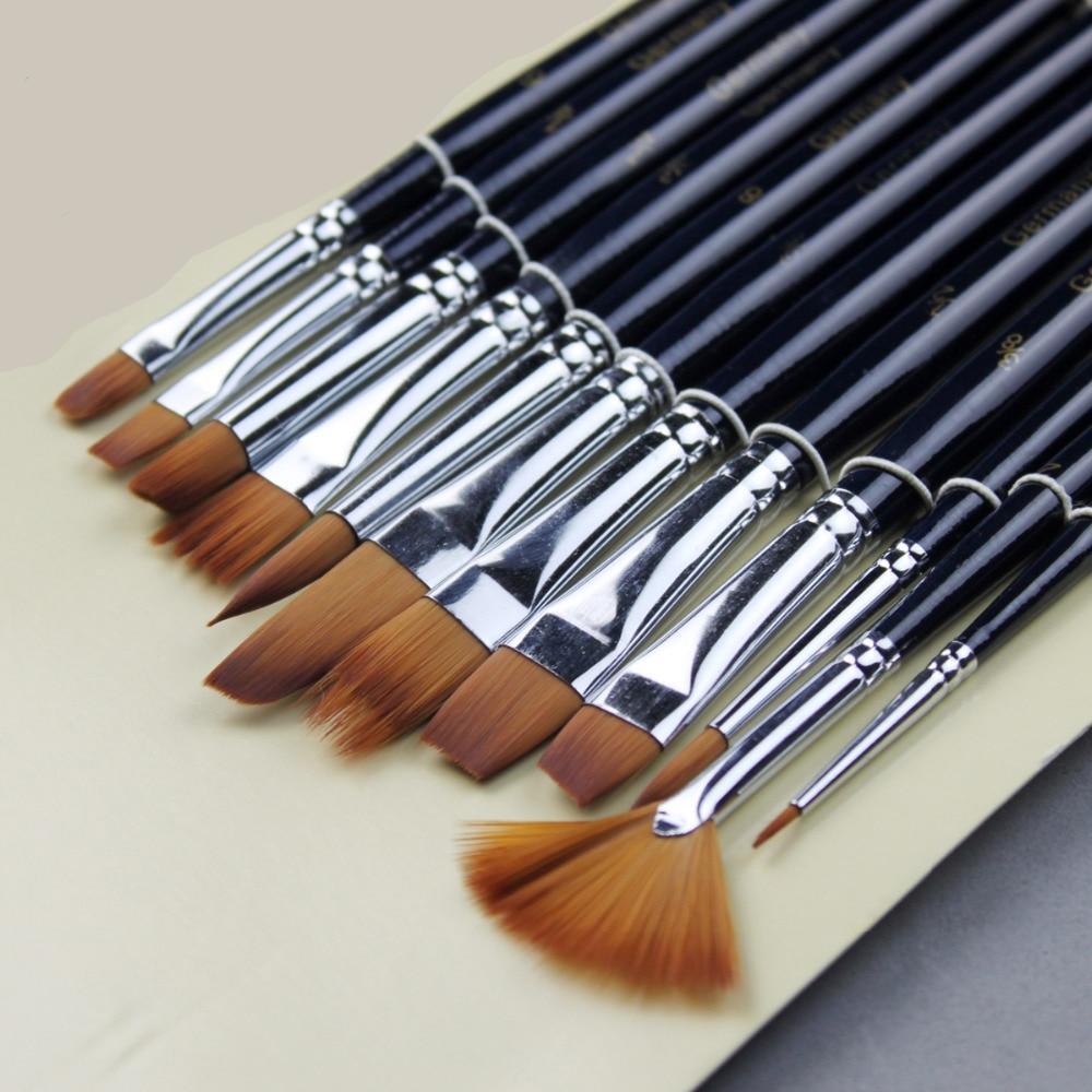 New 12 pc Detail Paint Brush Nylon Paint Brushes Medium & Long Hair Wood  Handle