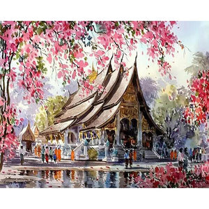 Cherry Blossom Temple - Painting by Number